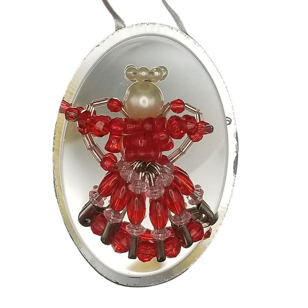 Vintage Beaded Angel Ornament on Mirror 3" Pearl Handmade with Safety Pins RED